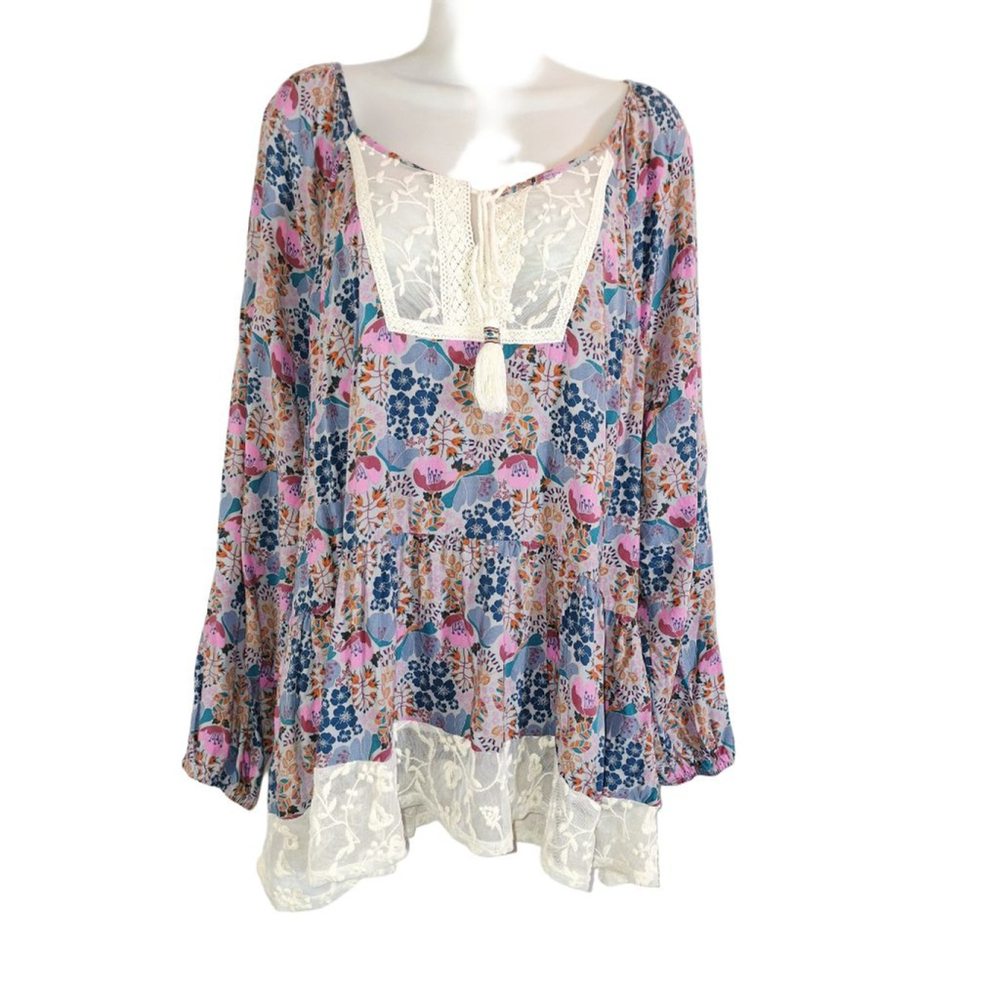 Matilda Jane Tunic Top XXL Multicolor Floral with Lace bohemian peasant - Picture 2 of 7
